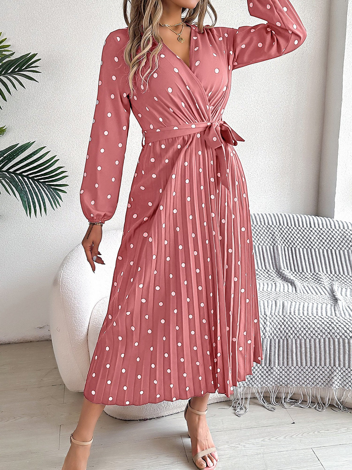 Polka Dot V Neck Pleated Midi A-Line Dress