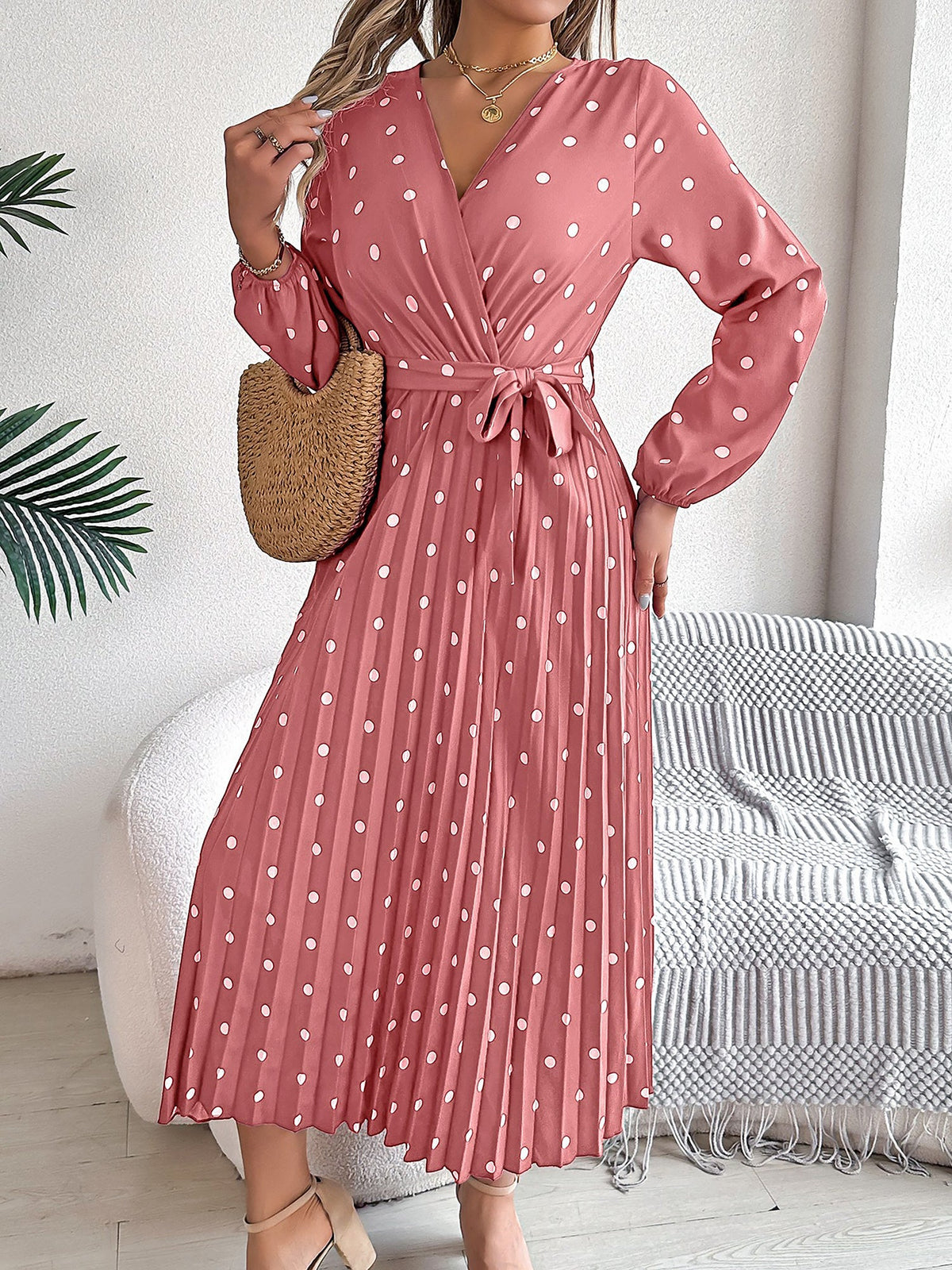 Polka Dot V Neck Pleated Midi A-Line Dress