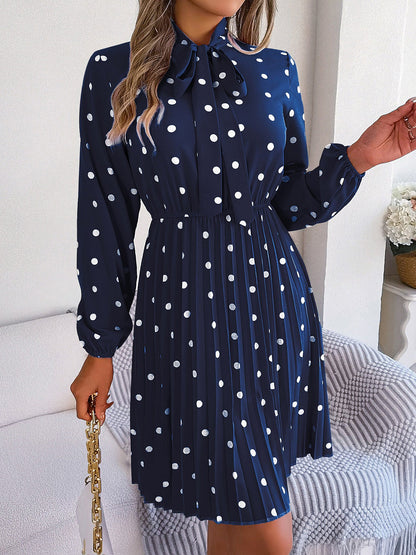 Polka Dot Bow Tie Neck Long Sleeve Pleated Dress