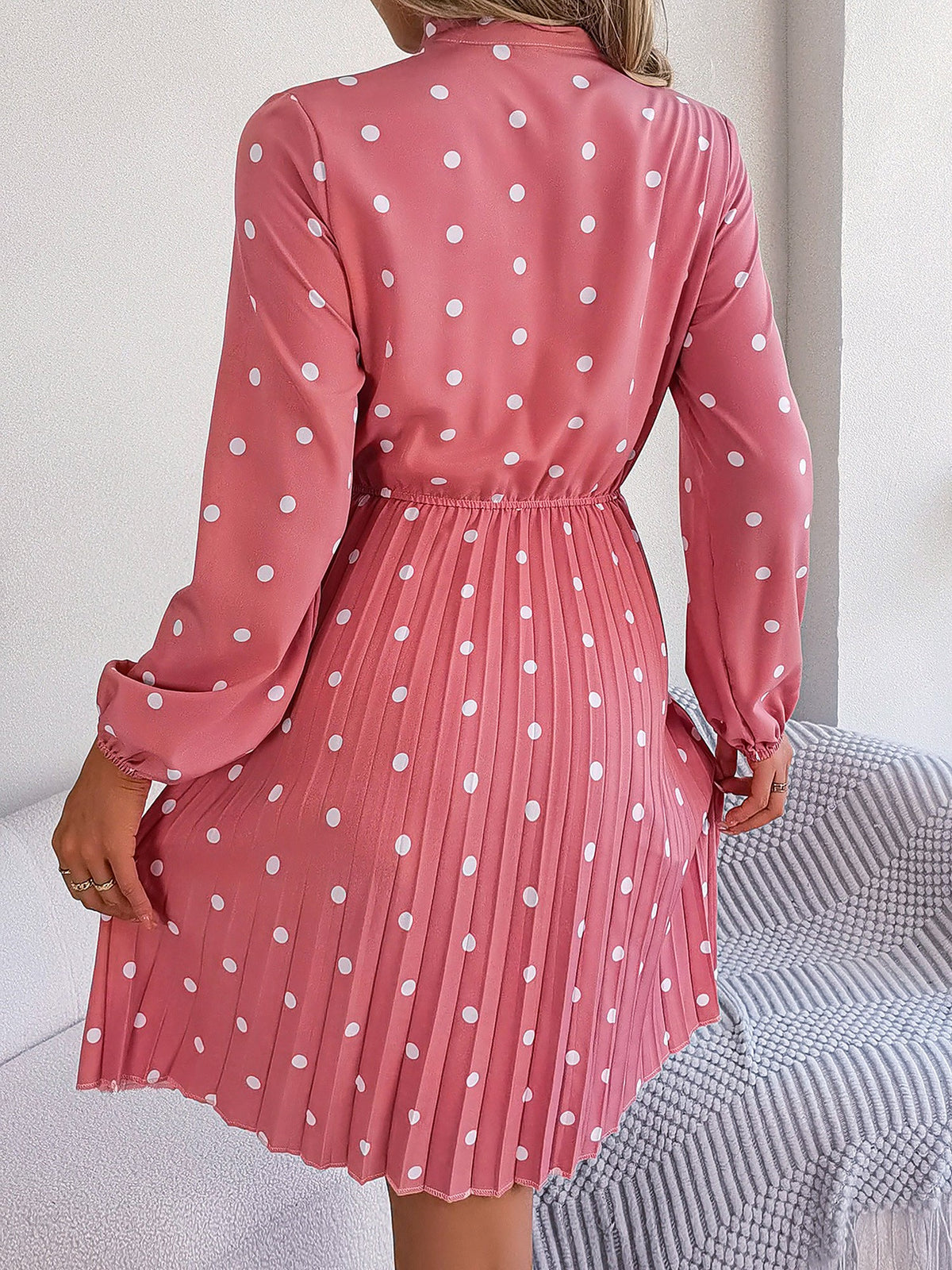 Polka Dot Bow Tie Neck Long Sleeve Pleated Dress