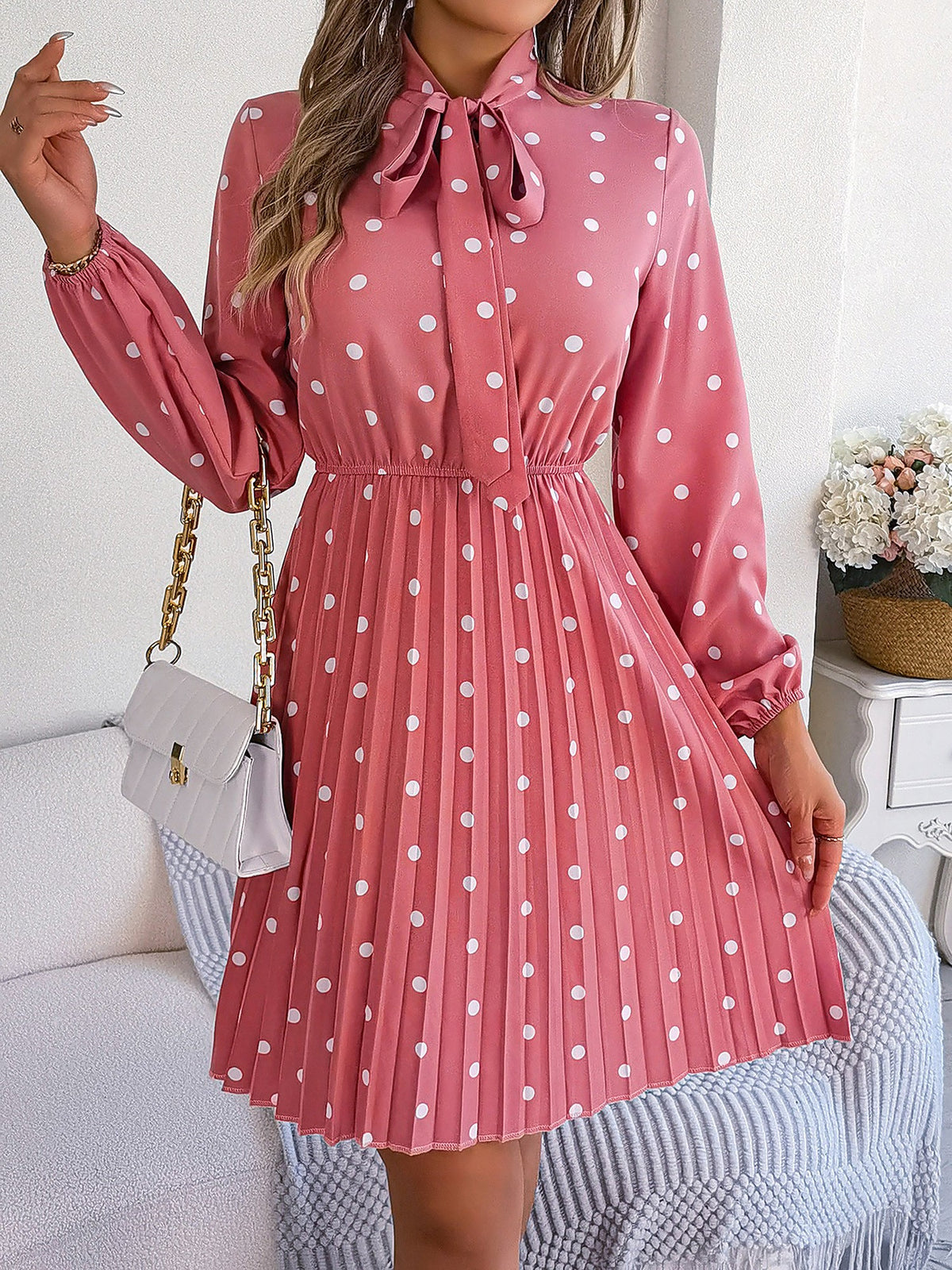 Polka Dot Bow Tie Neck Long Sleeve Pleated Dress