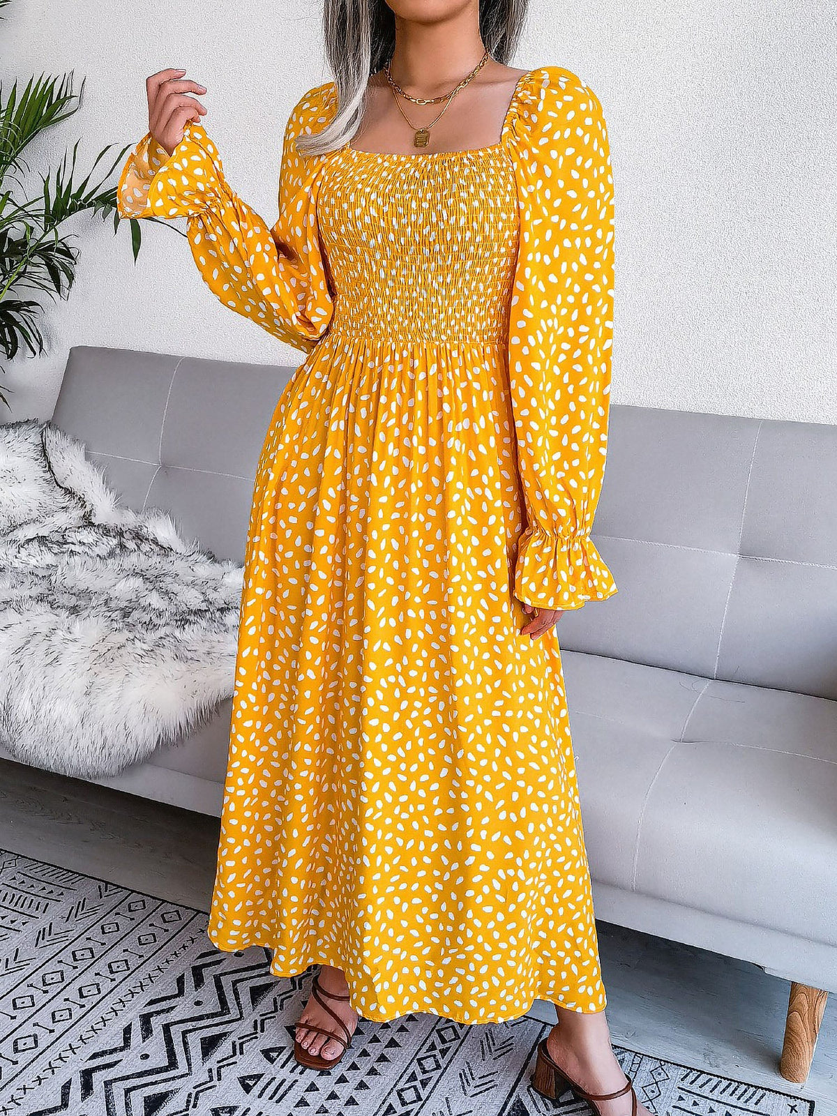 Square Neck Smocked Graphic Long Sleeve Maxi Dress