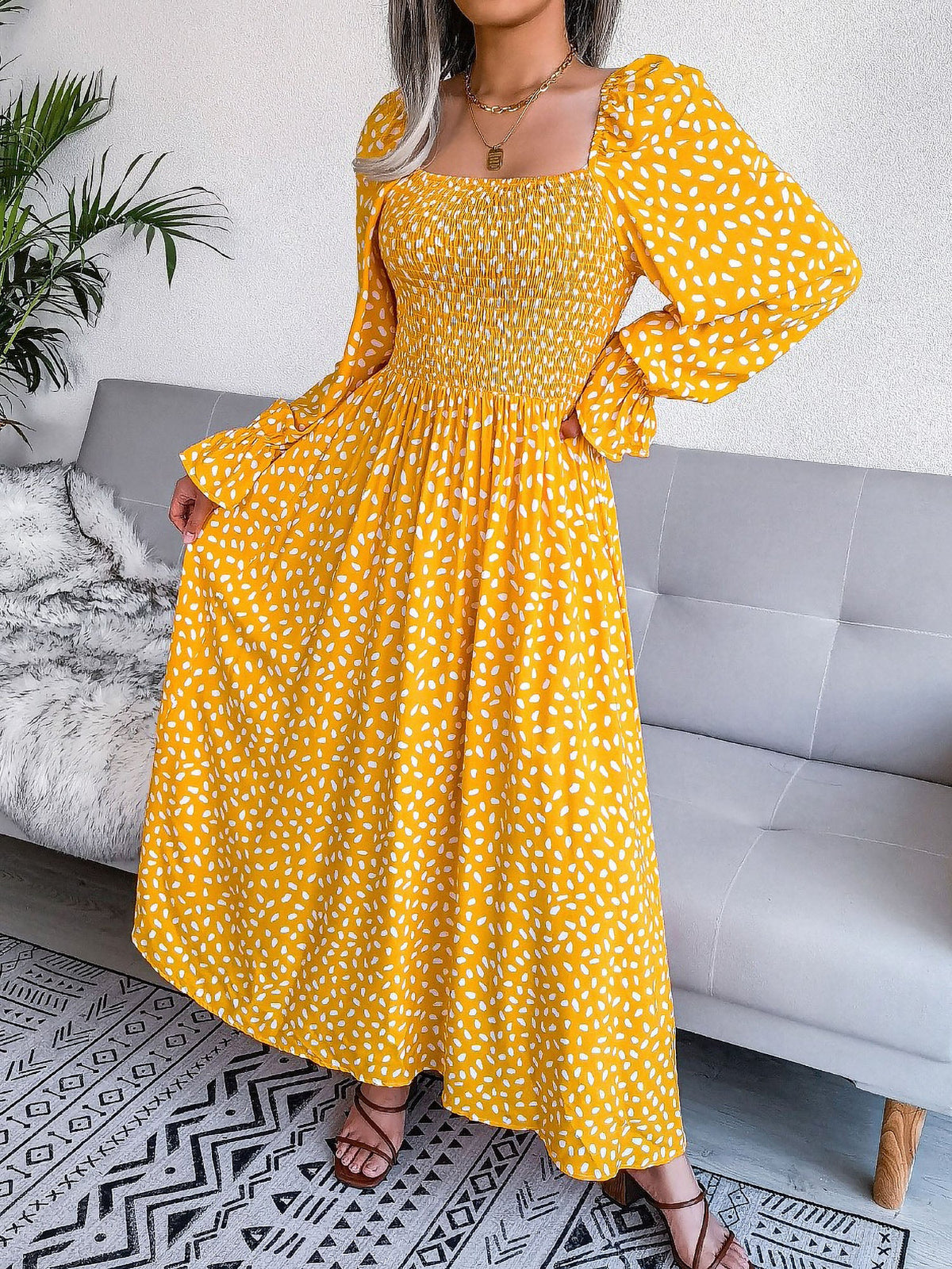 Square Neck Smocked Graphic Long Sleeve Maxi Dress