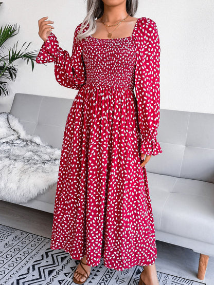Square Neck Smocked Graphic Long Sleeve Maxi Dress