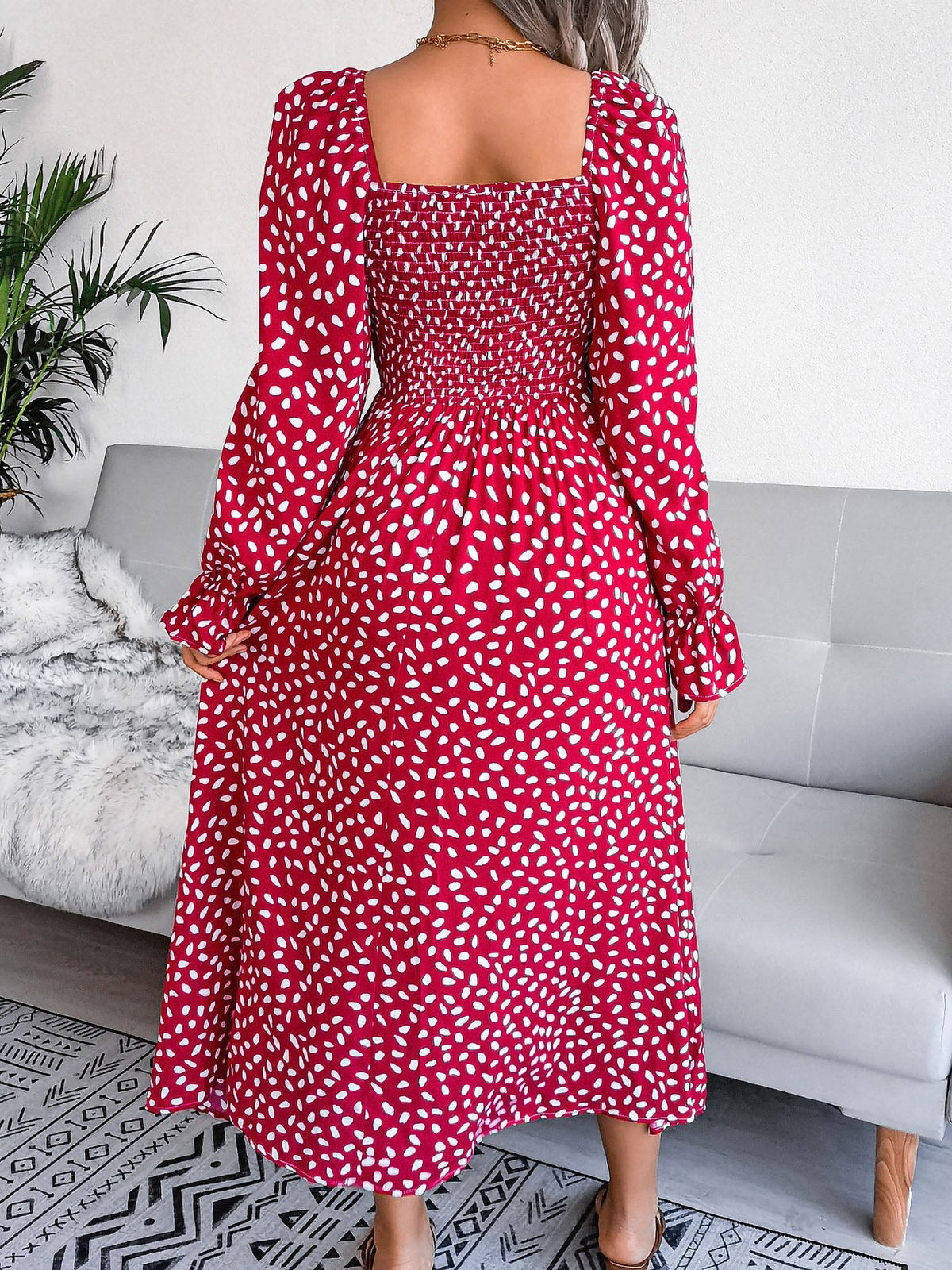Square Neck Smocked Graphic Long Sleeve Maxi Dress