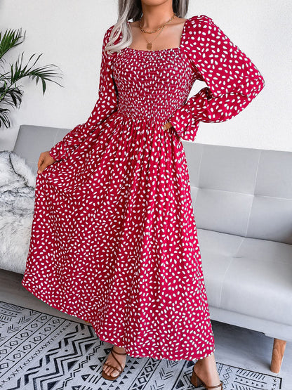 Square Neck Smocked Graphic Long Sleeve Maxi Dress