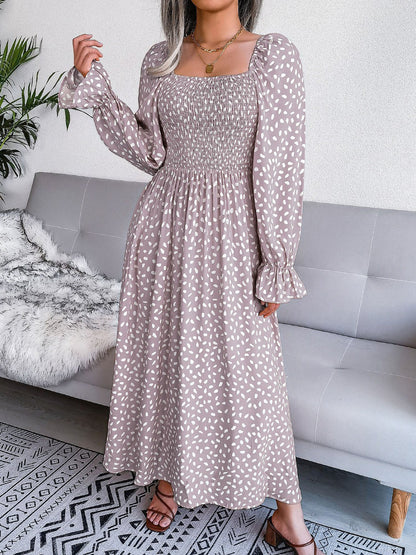 Square Neck Smocked Graphic Long Sleeve Maxi Dress