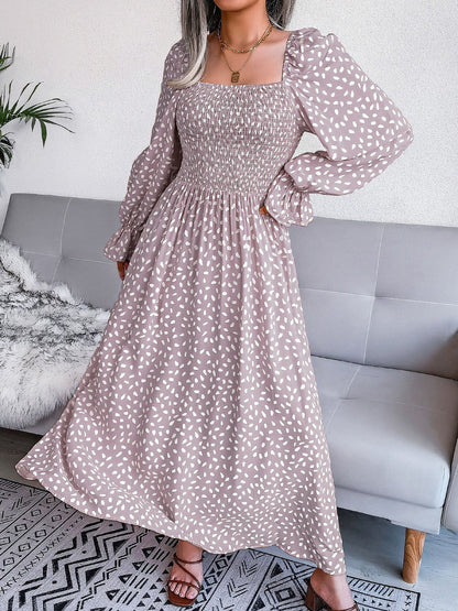 Square Neck Smocked Graphic Long Sleeve Maxi Dress