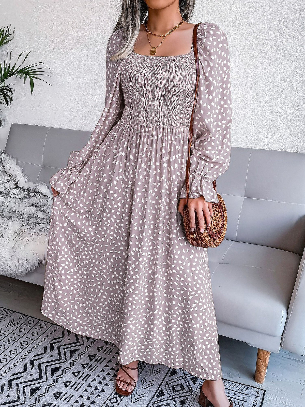 Square Neck Smocked Graphic Long Sleeve Maxi Dress
