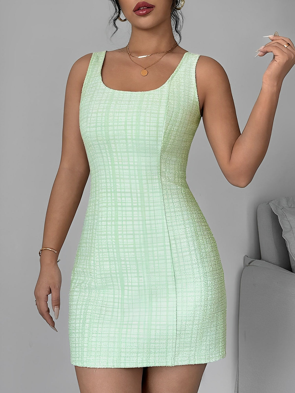 U Neck Tweed Sleeveless Plaid Bodycon Mini Dress