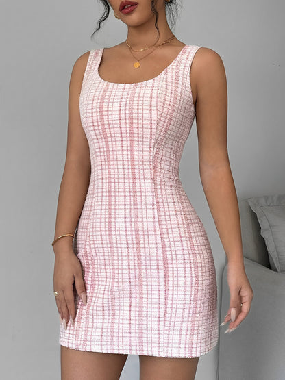 U Neck Tweed Sleeveless Plaid Bodycon Mini Dress
