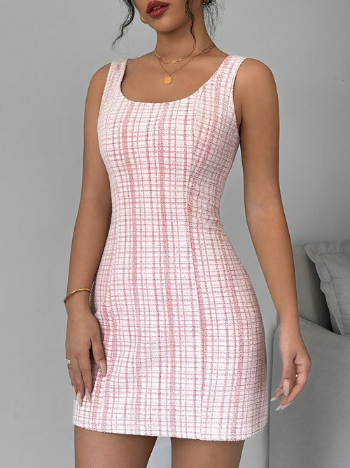 U Neck Tweed Sleeveless Plaid Bodycon Mini Dress