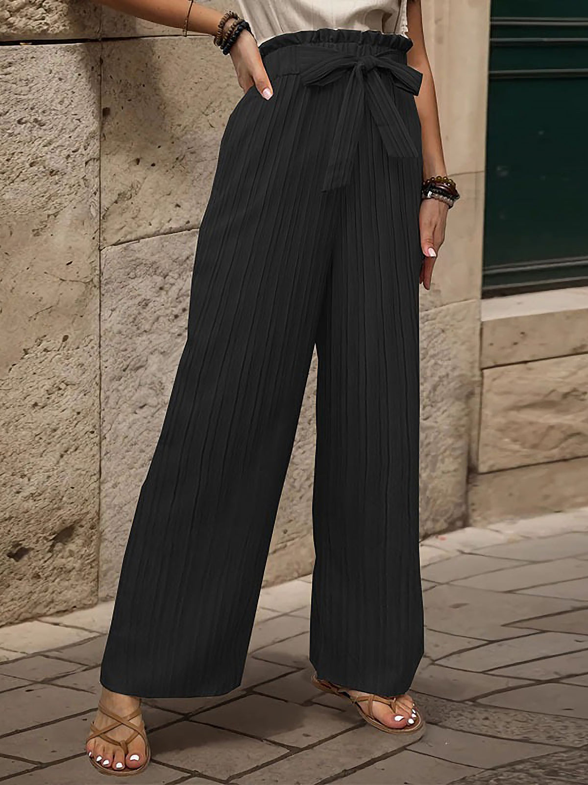 Ruffle Bow Tie Straight Legs Textured Paper Bag Pants
