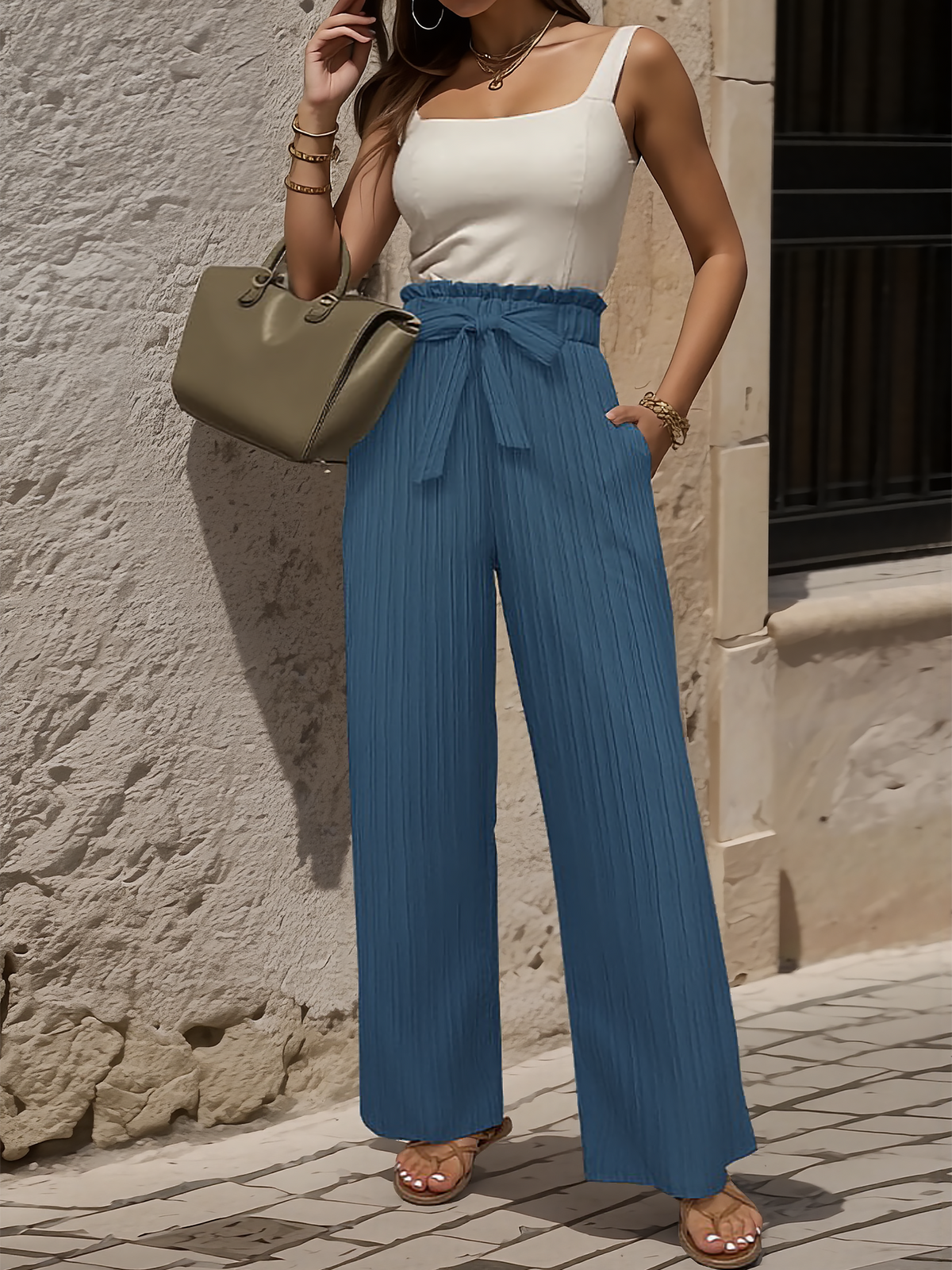 Ruffle Bow Tie Straight Legs Textured Paper Bag Pants