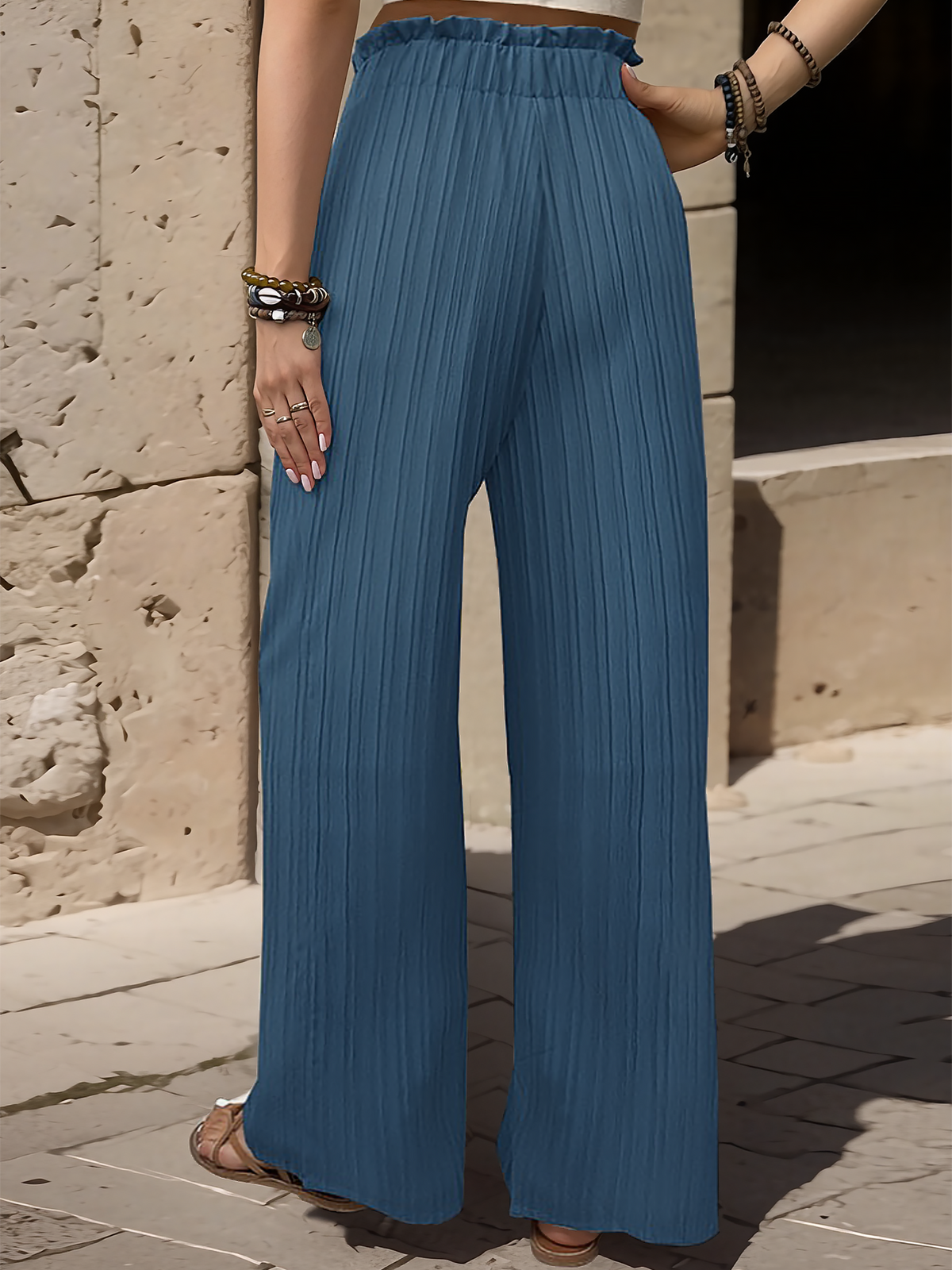 Ruffle Bow Tie Straight Legs Textured Paper Bag Pants