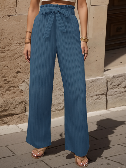 Ruffle Bow Tie Straight Legs Textured Paper Bag Pants