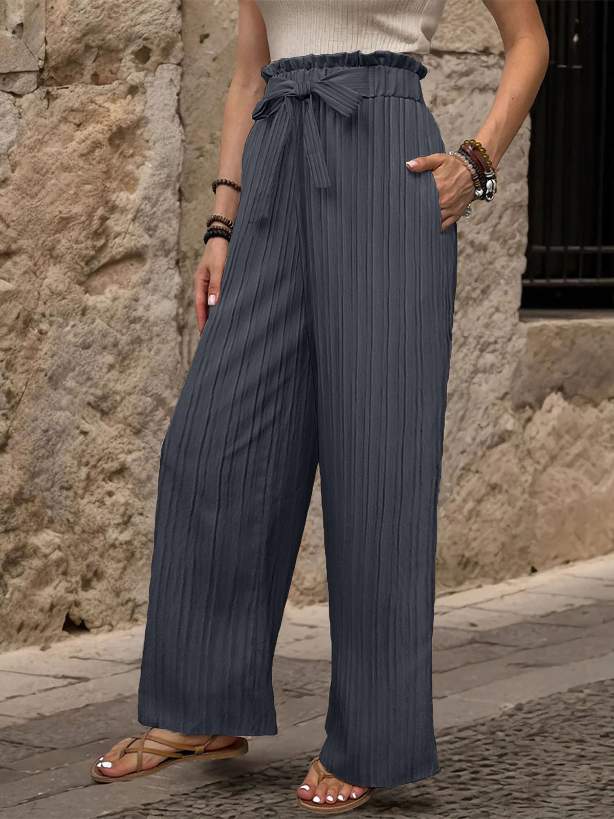 Ruffle Bow Tie Straight Legs Textured Paper Bag Pants