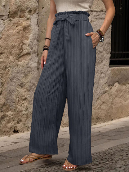 Ruffle Bow Tie Straight Legs Textured Paper Bag Pants