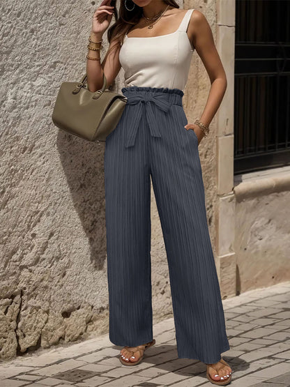 Ruffle Bow Tie Straight Legs Textured Paper Bag Pants