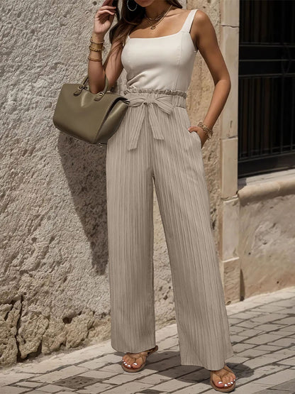 Ruffle Bow Tie Straight Legs Textured Paper Bag Pants