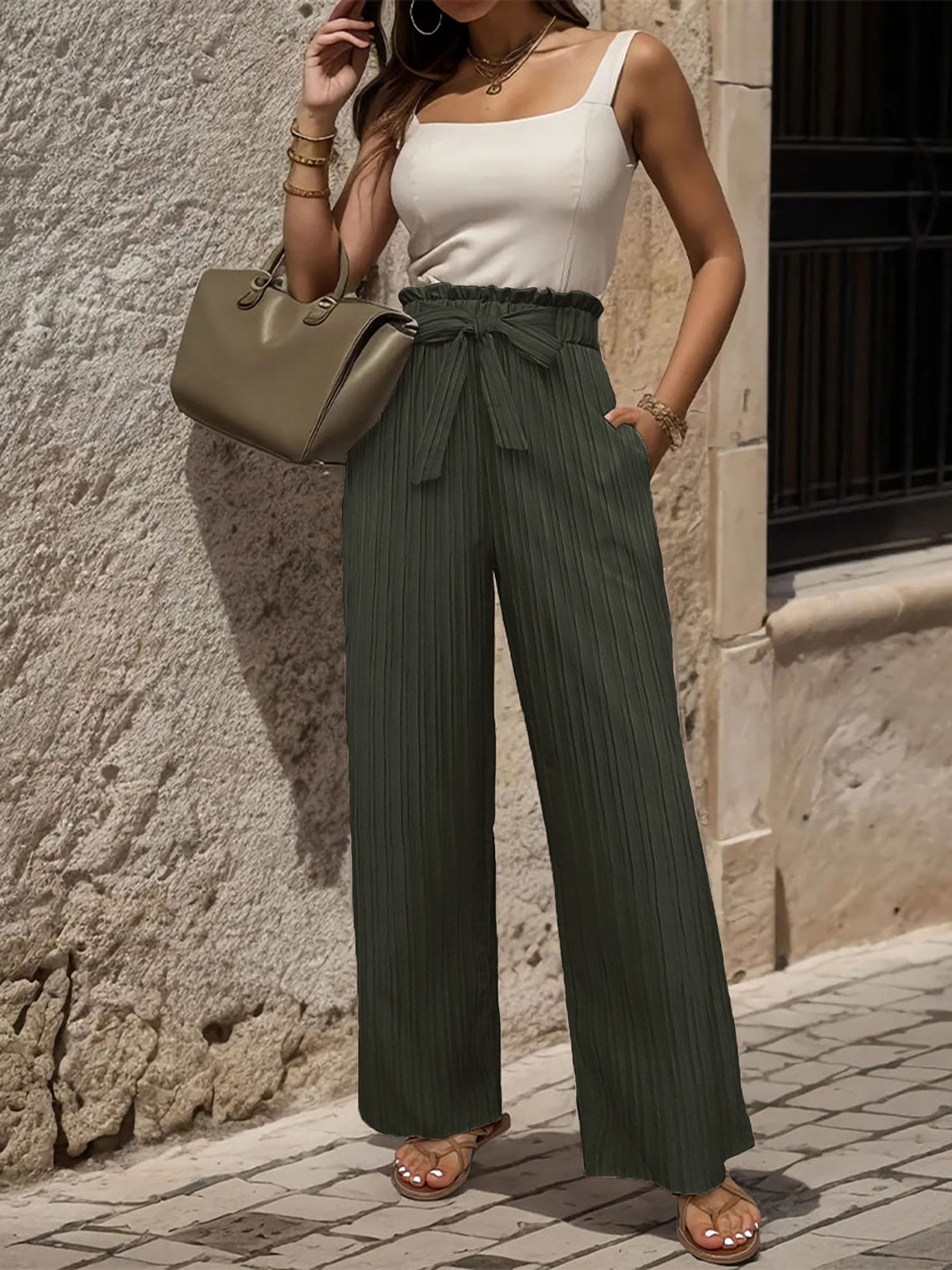 Ruffle Bow Tie Straight Legs Textured Paper Bag Pants