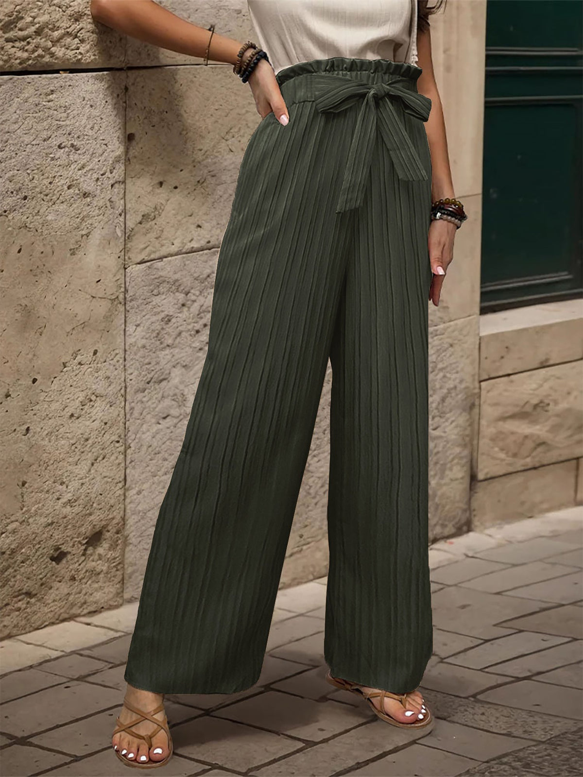 Ruffle Bow Tie Straight Legs Textured Paper Bag Pants