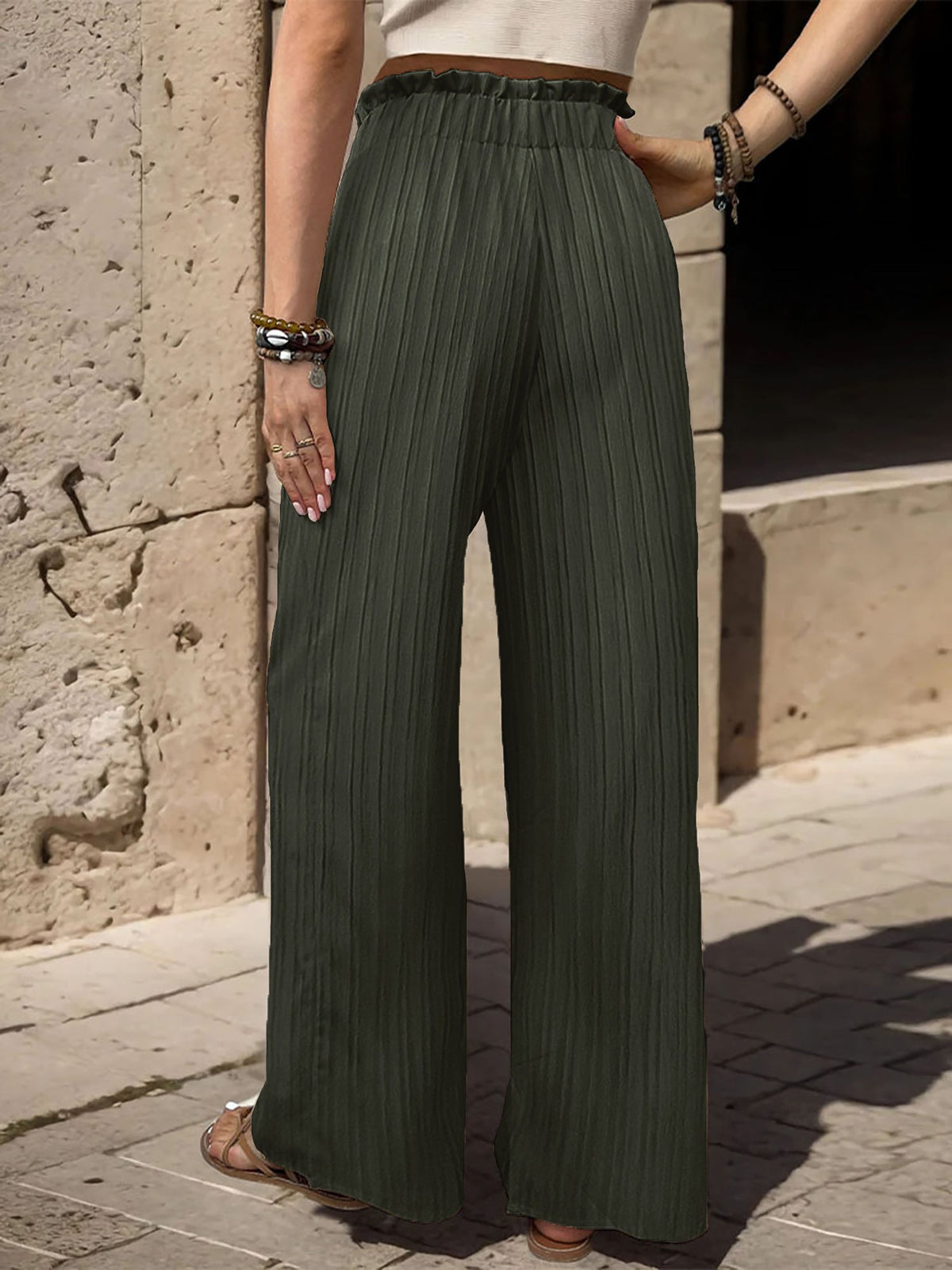 Ruffle Bow Tie Straight Legs Textured Paper Bag Pants