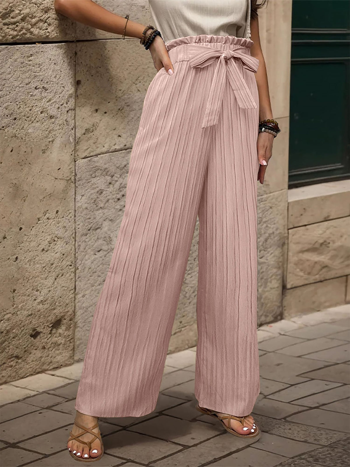 Ruffle Bow Tie Straight Legs Textured Paper Bag Pants