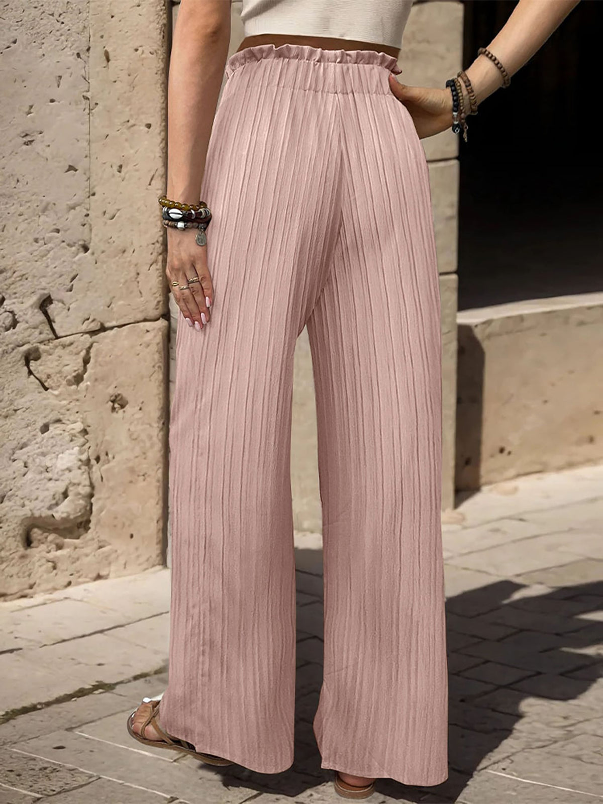Ruffle Bow Tie Straight Legs Textured Paper Bag Pants