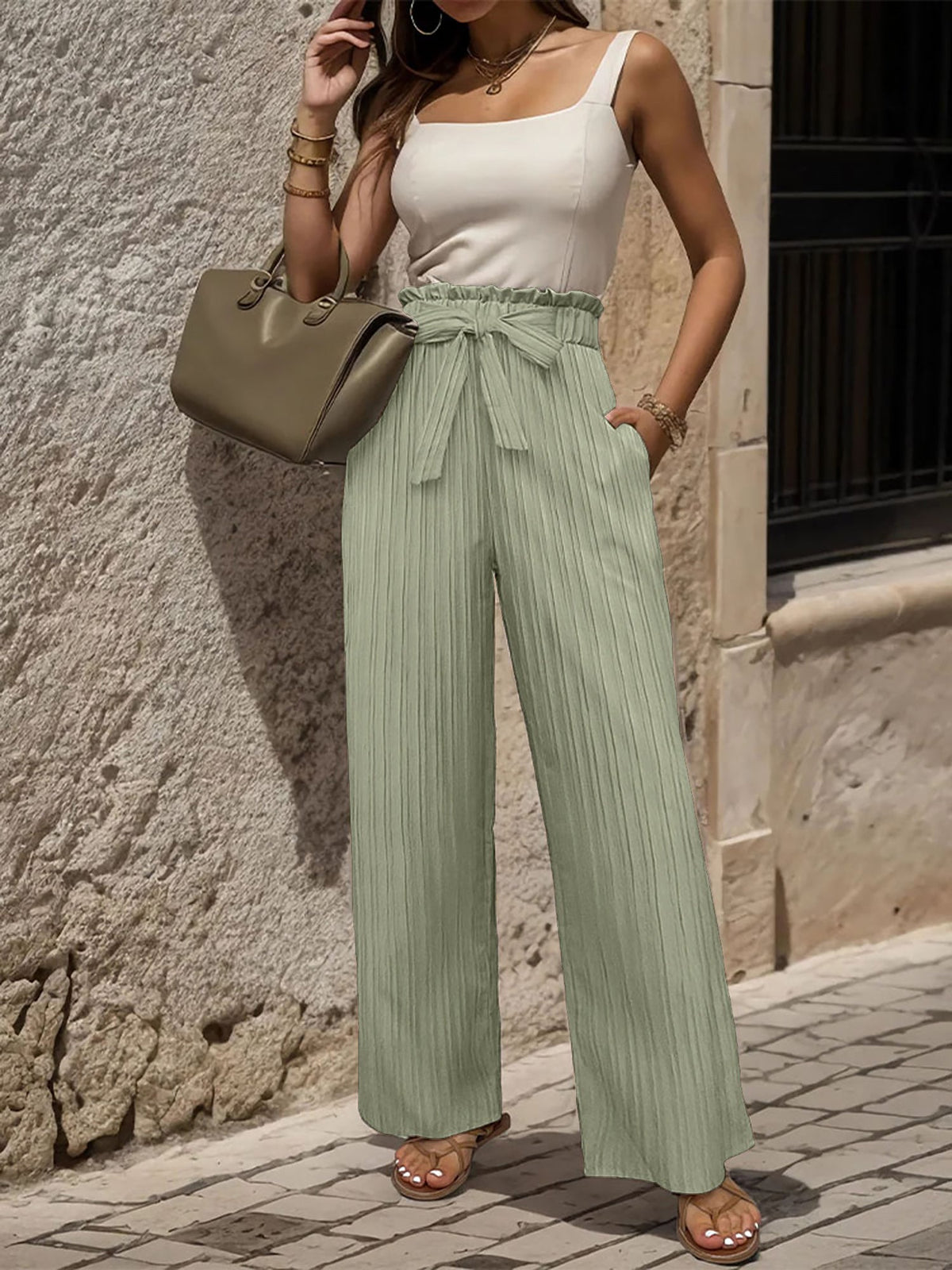 Ruffle Bow Tie Straight Legs Textured Paper Bag Pants