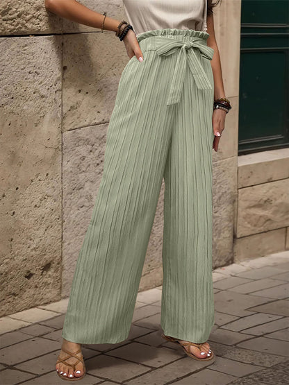 Ruffle Bow Tie Straight Legs Textured Paper Bag Pants