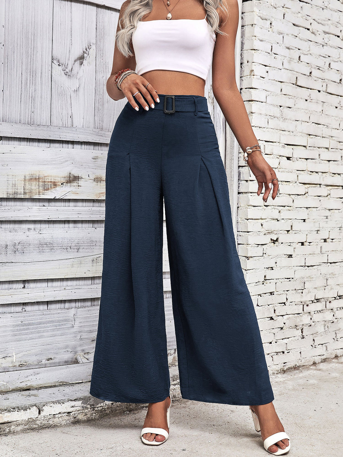 Solid Color Belted High Waist Pleated Wide Leg Pants
