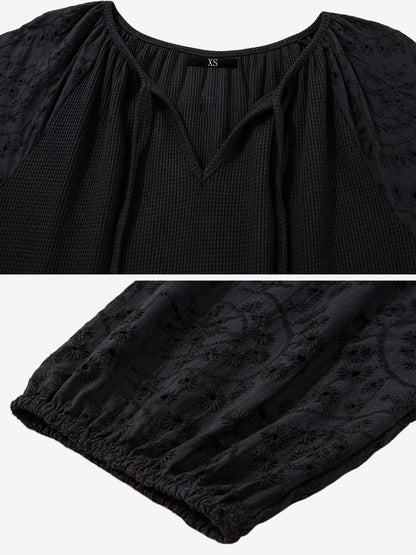 Solid Color V Neck 3/4 Sleeves Eyelet Blouse