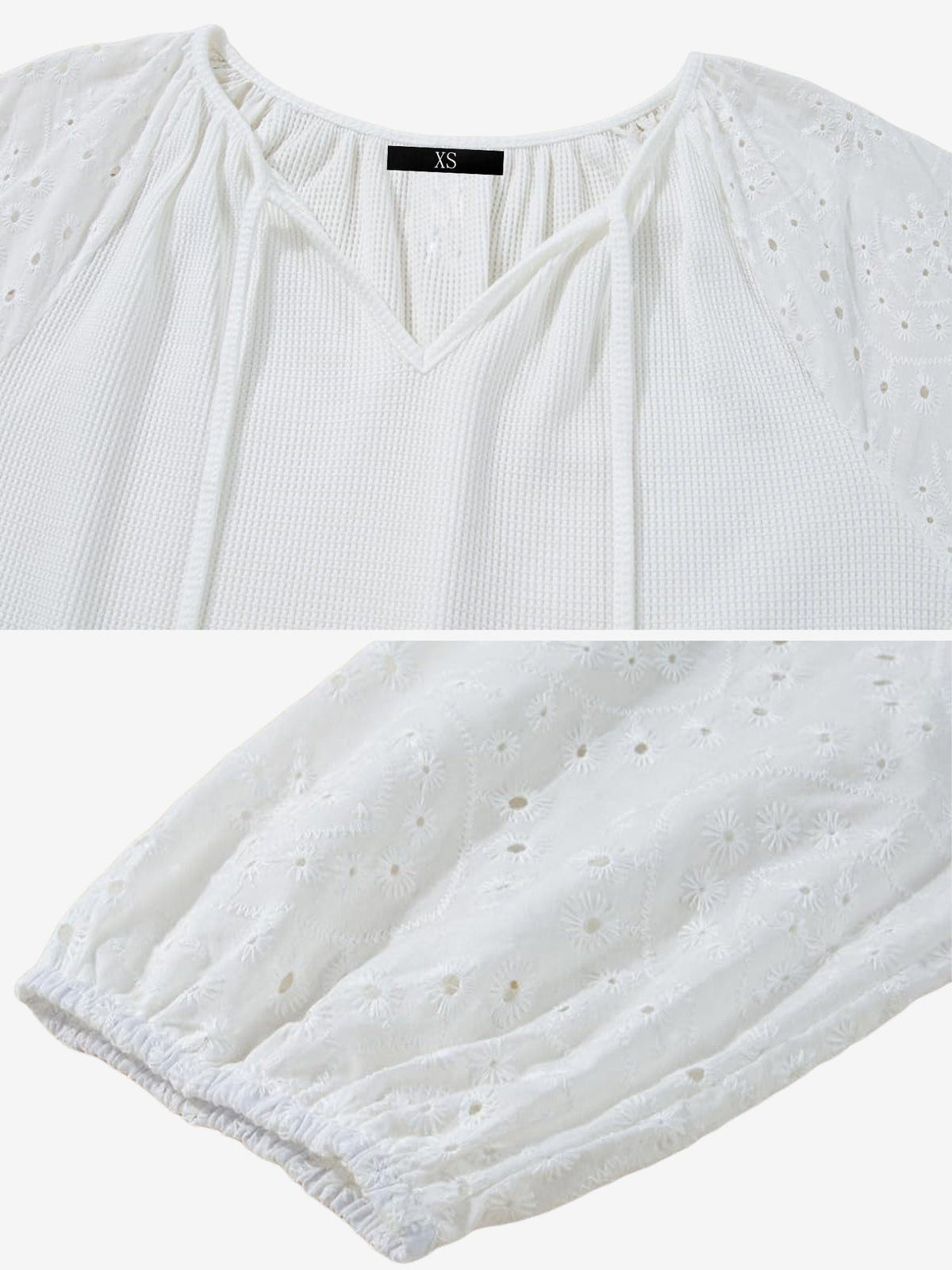 Solid Color V Neck 3/4 Sleeves Eyelet Blouse