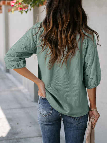 Solid Color V Neck 3/4 Sleeves Eyelet Blouse