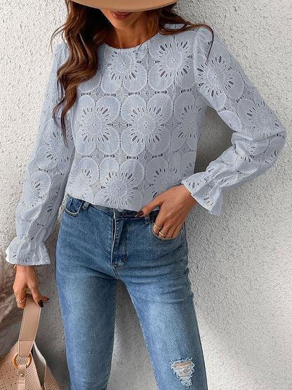 Round Neck Lace Long Sleeves Casual Blouse