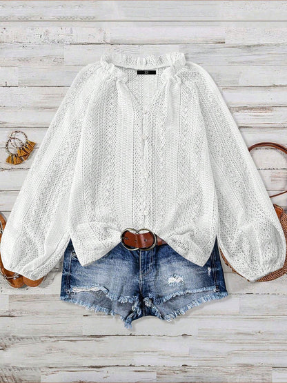 Solid Color Long Sleeves Knitted Sheer Crochet Blouse