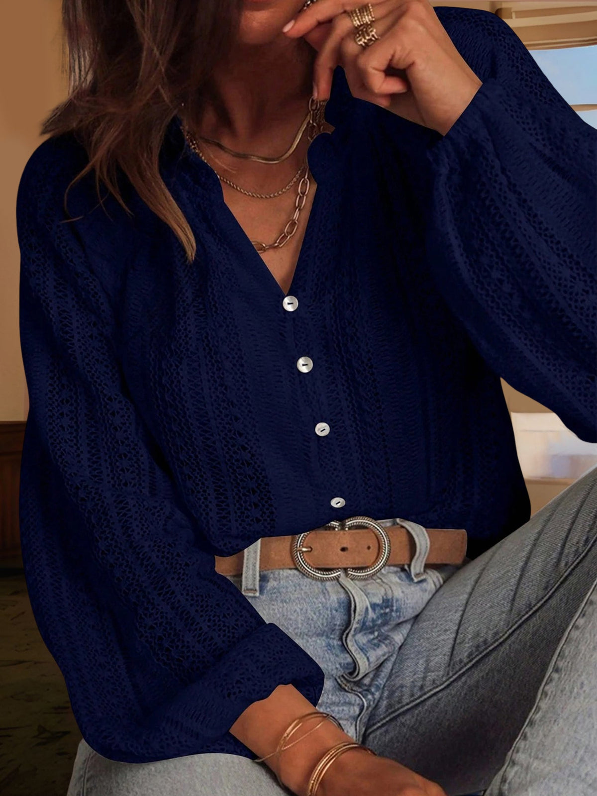 Solid Color Long Sleeves Knitted Sheer Crochet Blouse