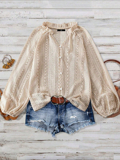 Solid Color Long Sleeves Knitted Sheer Crochet Blouse