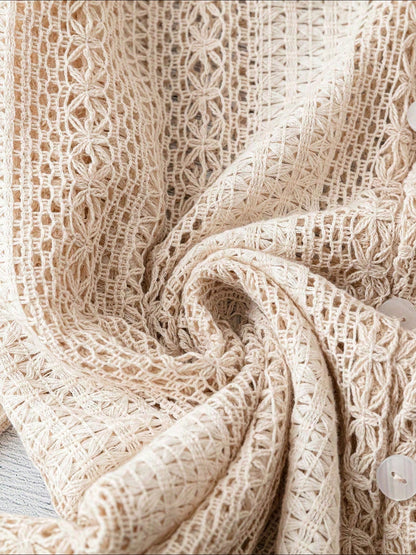 Solid Color Long Sleeves Knitted Sheer Crochet Blouse