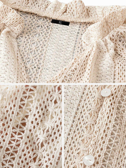 Solid Color Long Sleeves Knitted Sheer Crochet Blouse
