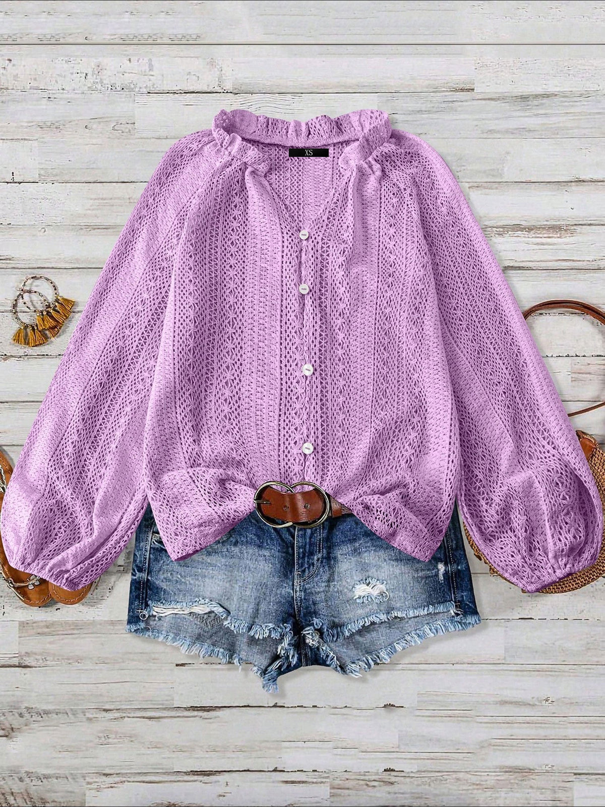 Solid Color Long Sleeves Knitted Sheer Crochet Blouse