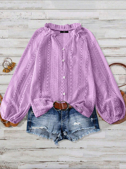Solid Color Long Sleeves Knitted Sheer Crochet Blouse
