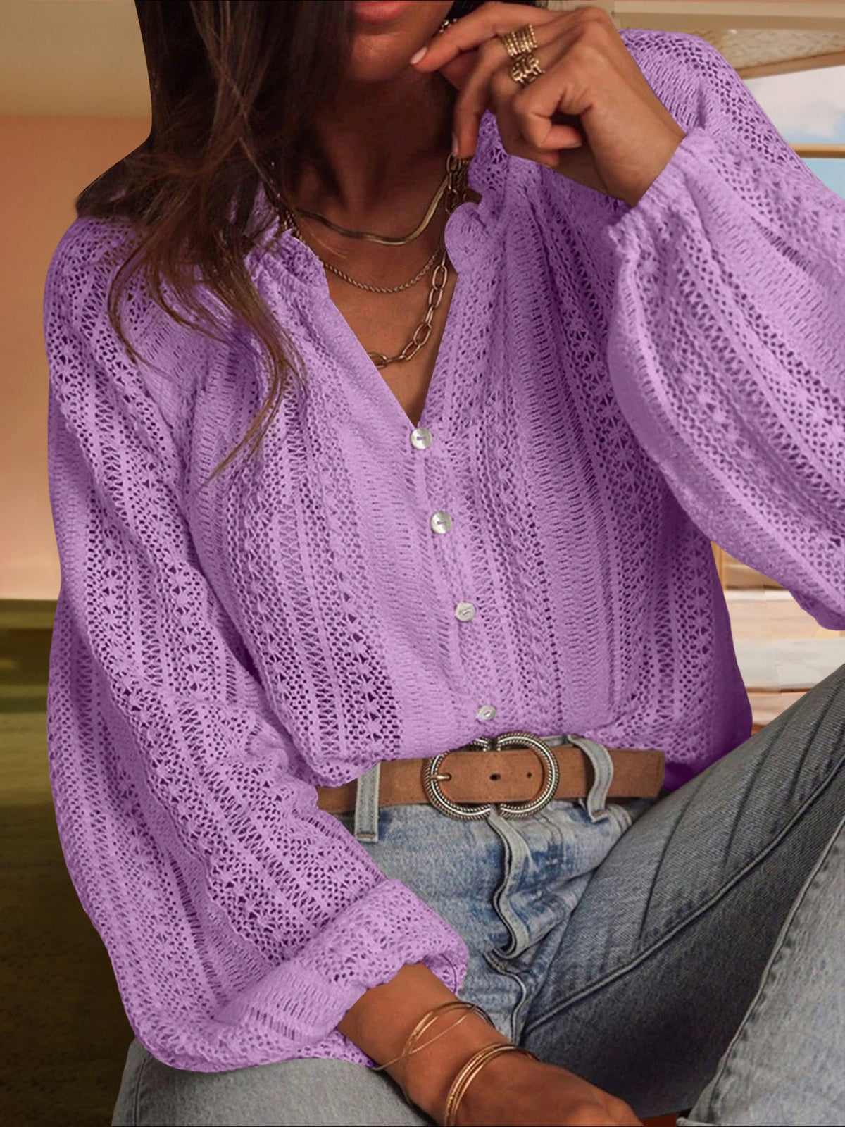 Solid Color Long Sleeves Knitted Sheer Crochet Blouse