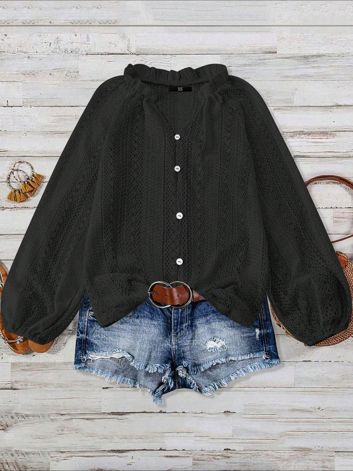 Solid Color Long Sleeves Knitted Sheer Crochet Blouse