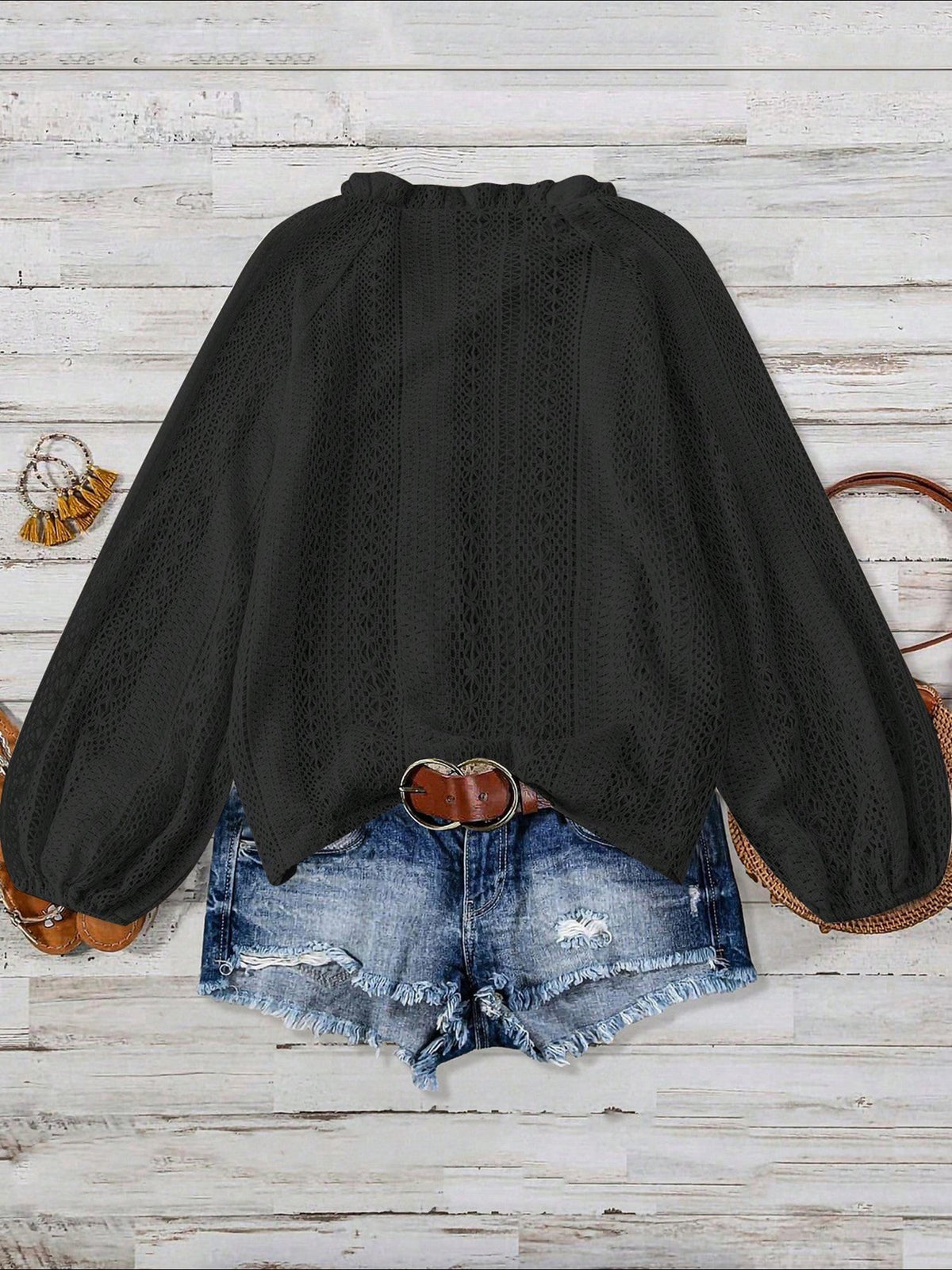 Solid Color Long Sleeves Knitted Sheer Crochet Blouse