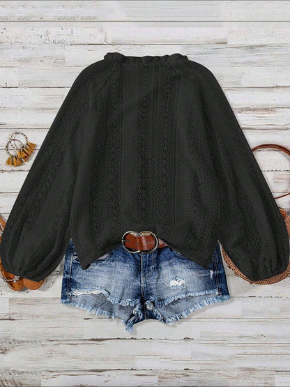 Solid Color Long Sleeves Knitted Sheer Crochet Blouse
