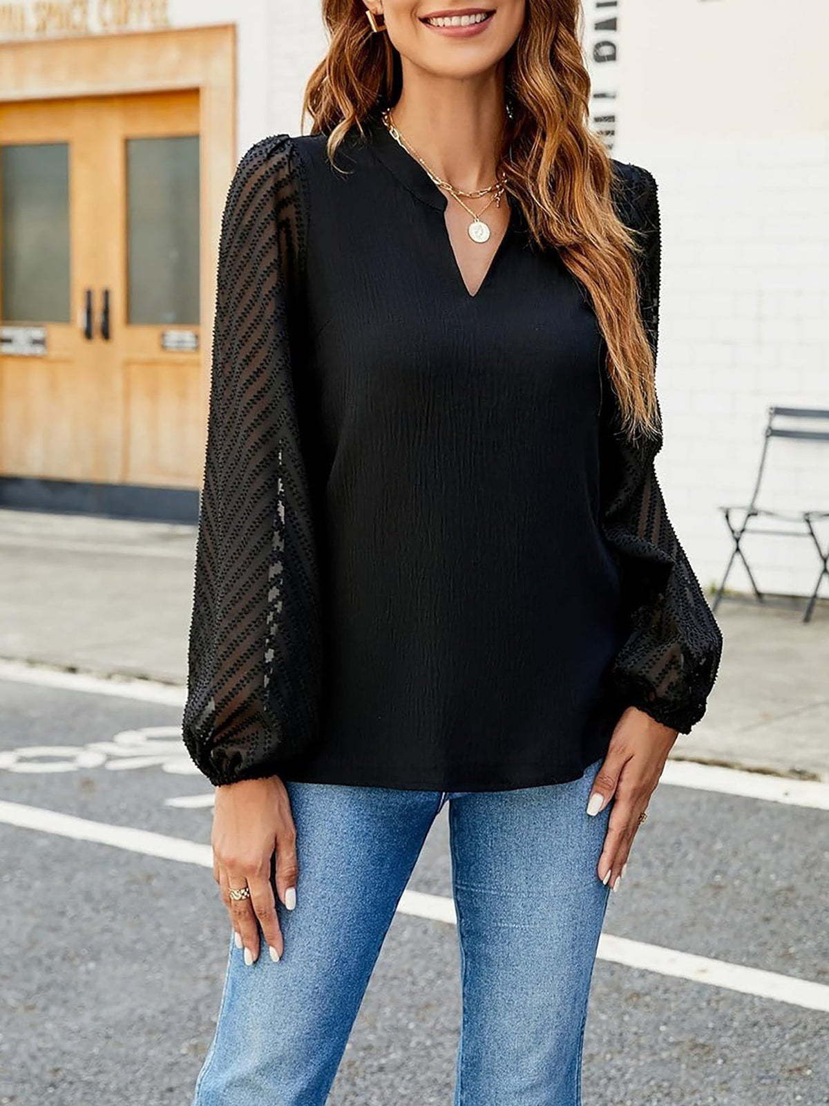 Solid Color Notch Neck Textured Sheer Puff Sleeves Blouse