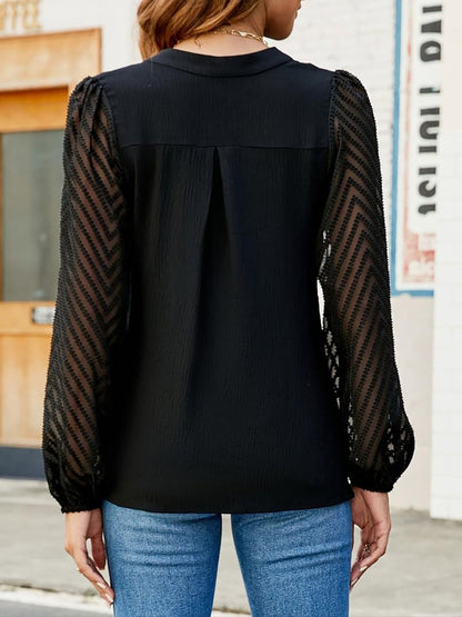 Solid Color Notch Neck Textured Sheer Puff Sleeves Blouse