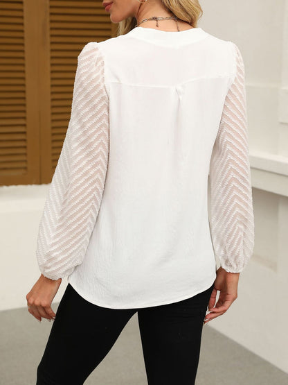 Solid Color Notch Neck Textured Sheer Puff Sleeves Blouse